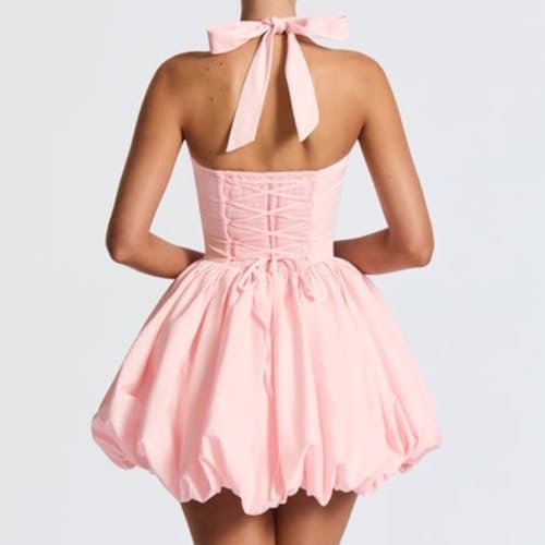 Image of Women's Y2K Sexy Halter Corset Mini Dress Backless Corset Bubble Ruched Waist Club Party Dresses