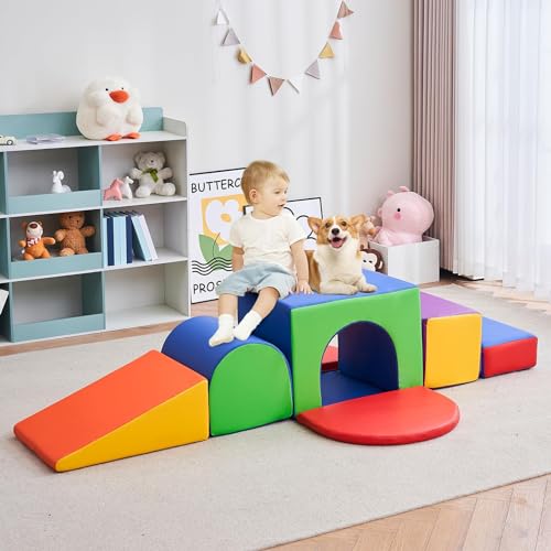 linor Foam Climbing Blocks for Toddlers, 7/10 Pcs Climbing Toys for Toddlers 1-3 Crawl and Climb Foam Play Set with Tunnel, Baby Toddler Climbing Toys Indoor Foam Play Gym Foamnasium (7pcs-2)