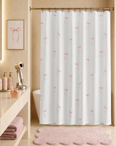 jinchan Pink Bow Shower Curtain Cute Balletcore Bathroom Decor for Girls Teens Waterproo Fabric Bath Curtain 70 x 72 Inch Pastel Ribbon Print for Apartment Dorm Girly Aesthetic