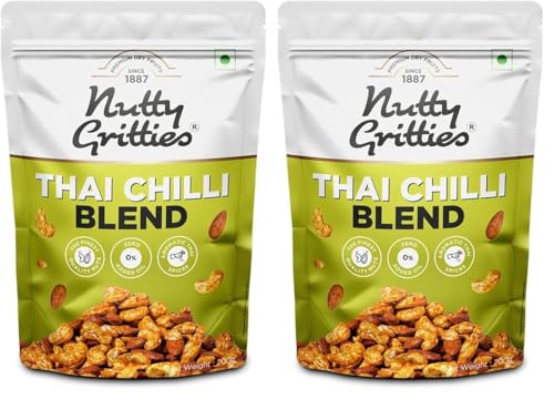 Image of Nutty Gritties Thai Chilli Blend Trail Mix - Almonds, Cashews and Peanuts - Healthy Party Snack, Dry Roasted, Non Fried, Zero Oil, Crunchy, Tasty | Resealable Pouch - 200g (Pack of 4)