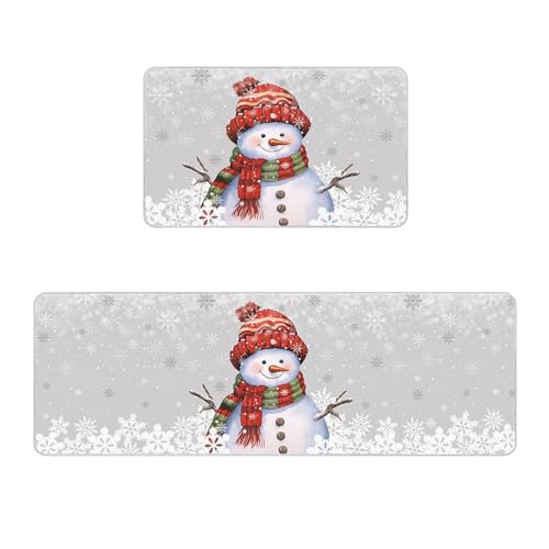 2 Piece Non-Slip Kitchen Mat Runner Rug Set Doormat Christmas Snowman with Cap Xmas Tree Snowflake Grey Door Mats Rubber Backing Carpet Indoor Floor Mat (15.7" x 23.6"+15.7" x 47.2")
