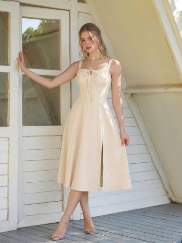 Women 2026 Corset Dress Milkmaid Slit Midi Sundress Apricot M — view 2