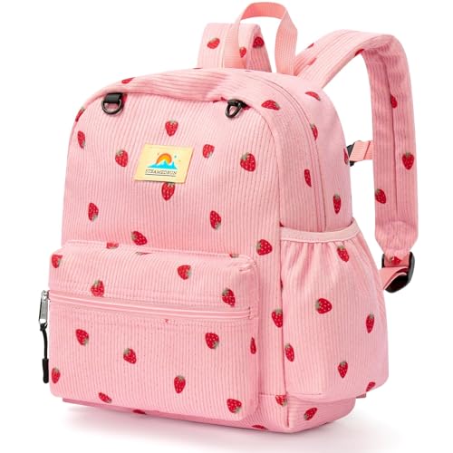 STEAMEDBUN Corduroy Toddler Backpack for Girls 2-4: Kids backpack for Boys Girls - 12 inch Preschool Kindergarten Backpacks - Strawberry