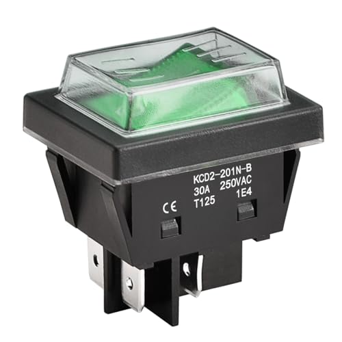 Heschen Interrupteur à bascule à courant élevé, 30A 250VAC, ON-OFF 2 positions, DPST, 4 bornes, Lumière verte, T125, avec couvercle étanche (1, Vert)