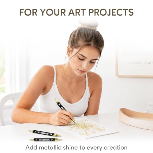 Image of Pagather Gold Acrylic Paint Markers, 12 Pack Dual Tip with Fine Tip and Brush Tip Pens for Fabric, Stone, Wood, Canvas, Ceramic, Metal