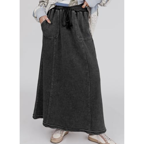 Ainangua Womens High Waist Maxi Skirt Acid Wash Casual Flowy Elastic A Line Travel Boho Long Skirt with Pockets (Black,L) by Ainangua - Used condition - Image 6