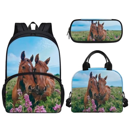 Set 3 in 1 di borse scolastiche per bambini e ragazze zaino a tracolla di grande capacità borsa termica per il pranzo astuccio con cerniera Cavallo floreale.