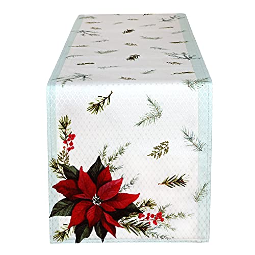 Lintex Holly Bough Stonewashed Border Traditional Christmas Fabric Table Runner, Poinsettia And Holly Sprig Sage. Bordered Xmas Holiday 70 Inch Long Table Runner #TOP1