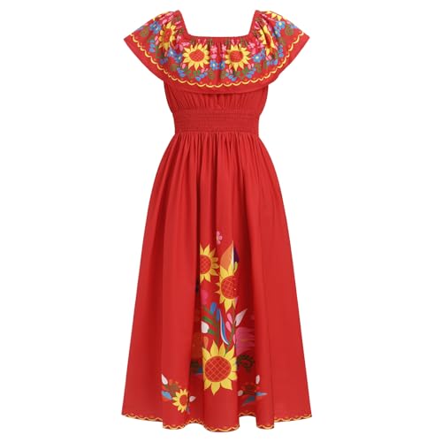 Image of ABEHIK Mexican Dresses for Women Traditional Off Shoulder Summer Floral Sunflower Fiesta Long Maxi Dress Cinco de Mayo Outfit