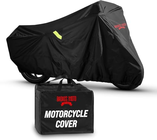 Image of Badass Moto Gear All Wx Motorcycle Cover-Night Reflective-Waterproof-Heat Shields-Windshield Liner-Vents-Alarm /Lock Pocket-Fits Med Cruisers,for 800+Cc Sport Bikes Medium,Multicolor | Motorcycle cover waterproof outdoor; fits Harley Sportster, Honda Rebel, Hayabusa, Burgman maxi scooter & standard bikes