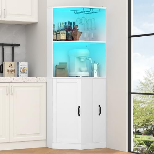 Bigbiglife 71\" Corner Bar Cabinet with Power Outlet, Home Bar with LED Light and Glass Holder, Liquor Cabinet Bar Unit with Drawer for Home, Corner Display Cabinet for Living Room, Dining Room