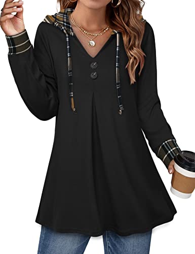 Image of Lotusmile Women's Long Sleeve Hooded Tunic Tops Button Swing Pullover Hoodie Sweatshirts