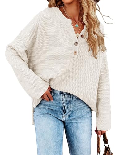 Image of Women Oversized Sweaters V Neck Long Sleeve Tops Quarter Button Up Pullover Business Casual Clothing,White S