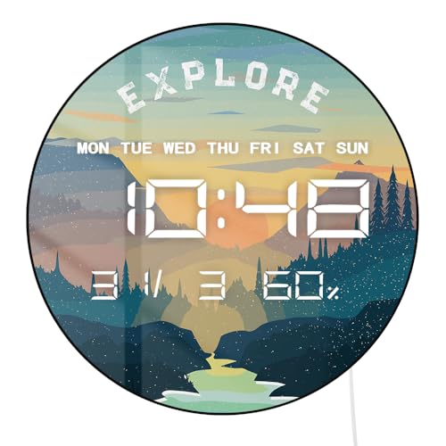 Timethink 12'' Mountain Sunset Digital Wall Clock Large Display, Boho