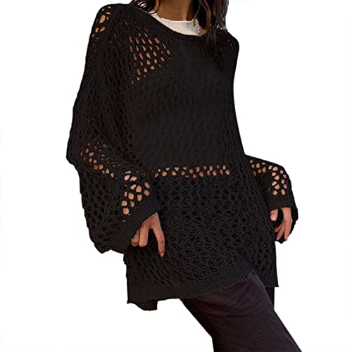 Camiseta de manga larga de punto de crochet Y2K jersey holgado de ropa de calle para mujer