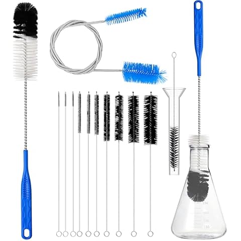 12Pcs Glass Tube Pipe Cleaners Brush Kit,Long Nylon Straw Brush for Glass Funnel and Bottle,17-inch Long Handle Brush,8.2-in Different Diameters Brushes,35-in Flexible Double-Ended Hose Brush (Blue) Cover