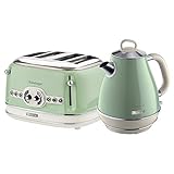 Ariete ARPK20 Retro Style Jug Kettle and 4 Slice Toaster Set, Vintage Design, Green