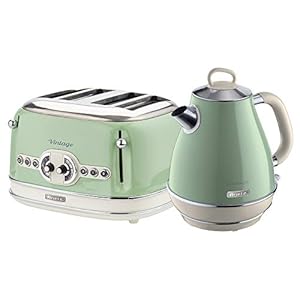 Ariete ARPK20 Retro Style Jug Kettle and 4 Slice Toaster Set, Vintage Design, Green