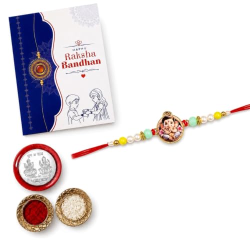 Image of Oblivion Rakhi For Brother - Elegant Stylish God Designer Rakhi with Beads and Silver Colour Pooja Coin, Tilak Set & Greeting Card - Traditional Raksha Bandhan Combo for Bhai (Ganesha, Variant 4)