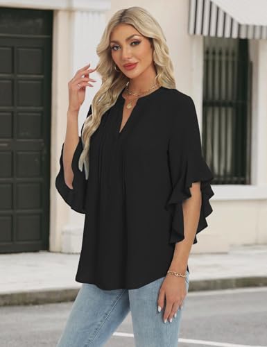 AIMCOO Womens Dressy Casual Blouse 3/4 Sleeve V Neck Ruffle Tops Ladies Trendy Fashion Work Shirt Spring Summer Outfits (Black X-Large) — view 2