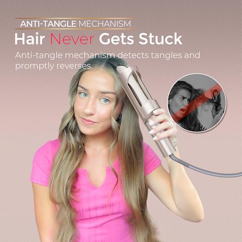 Image of TYMO CurlPro Plus Automatic Rotating Curling Iron - Upgraded Long Barrel Curling Wand for Long Hair, Ceramic Hair Curler for Women, Anti-Scald, Tangle-Free, 600M Ionic, Dual Voltage, Gold, 1 1 /4 Inch