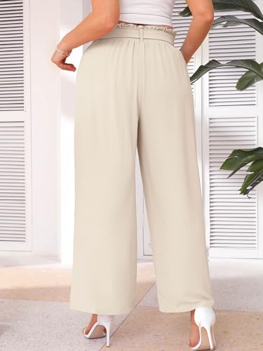 AusLook Women's Plus Size Wide Leg Pants with Pockets Ivory 1X Lightweight High Waisted Tie Knot Paperbag Dressy Palazzo Loose Paper Bag Comfy Business Casual Work Flowy Dress Ladies' Trousers — view 2