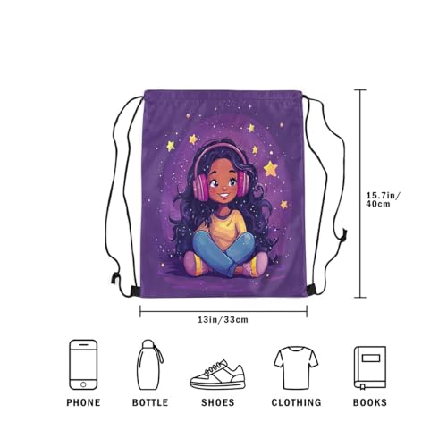 Image of jejeloiu Cute Black Drawstring Backpack 13x15.7inch African American Waterproof Gym Drawstring Bags Music Star Print Sports String Backpack Beach Swim Travel Bag Sackpack