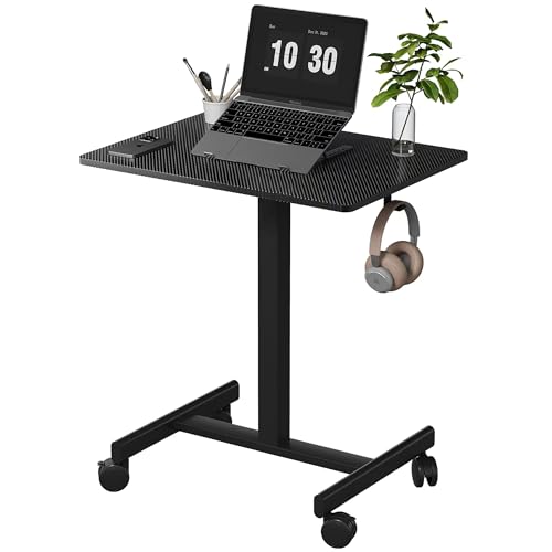 Image of Standing Desk on Wheels, Pneumatic Adjust, Carbon Fiber+Black