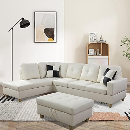 Lifestyle Furniture Sectional Sofa Set Faux Leathe with Storage Mats and 2 Pillows Smooth and Soft Couch ​Sets, Ivory White, Left Facing