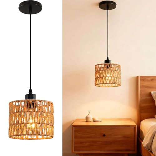 Sunli House Pendant Light Hanging Lamp - Boho Farmhouse Decor Rattan Woven Lights Shade - Ceiling Light Fixtures for Kitchen Island/Dining Room/Bedroom