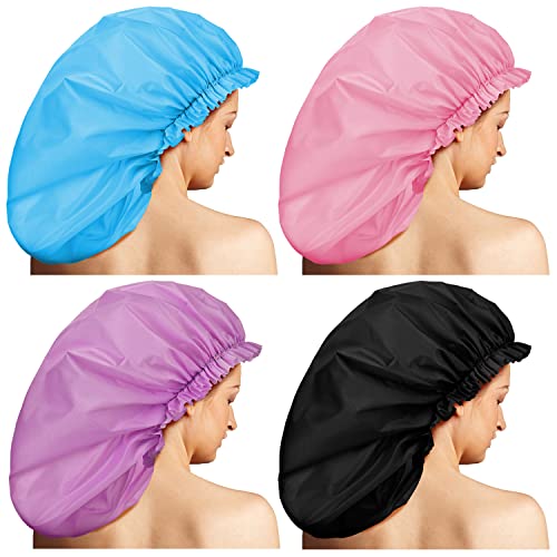 4 Pieces Jumbo Shower Caps Extra Large Shower Caps Long Dreadlock Caps Huge Braid Bonnets Waterproof Big Bath Hats Oversize Bath Caps For Women Girls (Black, Blue, Pink, Purple,Blank Pattern) #TOP24