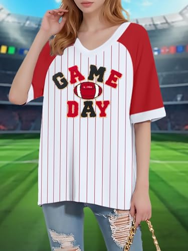 Oversized Football Shirts for Women Game Day Tshirt Sunday Football Graphic Tee Top Funday V-Neck Short Sleeve4