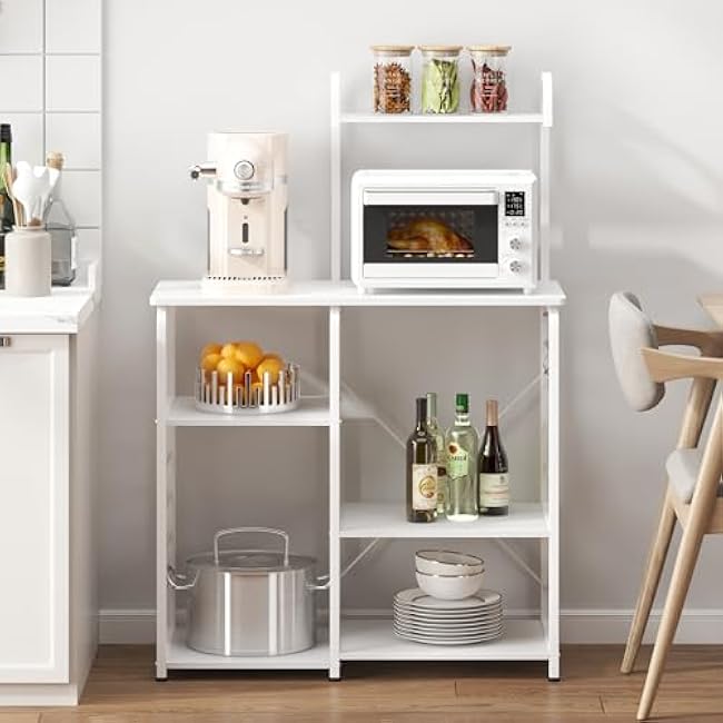 DlandHome Microwave Stand Kitchen Cart, Microwave Cart Stand 35.4 inches, Kitchen Utility Storage 3-Tierx4-Tier for Baker and Rack and Spice Rack Organizer Workstation Shelf,White-n0VHUrvc