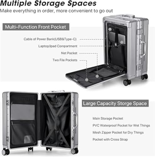 Zipperless Luggage,Travel Carry On Luggage,Front Opening Zipperless Aluminum Frame Suitcase,TSA Lock, 360° Spinner Wheels,USB Port, Cup & Phone Holder (Silver, 20.8inch)3