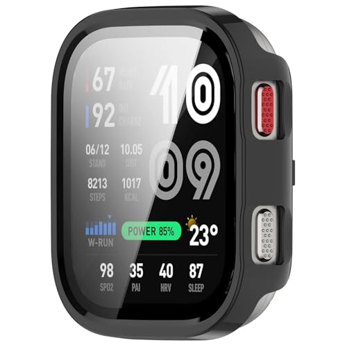 RuenTech Protective Case Compatible for Amazfit Bip Max, Hard PC Protective Case Cover & Tempered Glass Screen Protector for Amazfit Bip Max，Black