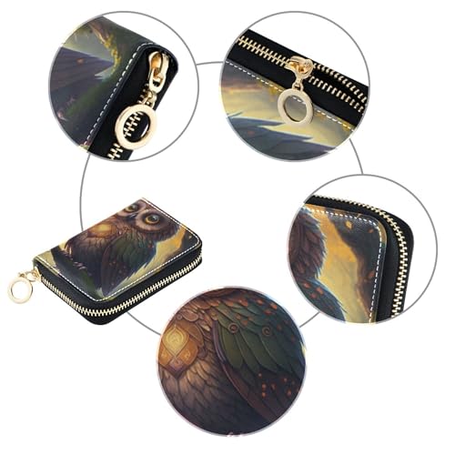 RFID Blocking Credit Card Wallets Womens Wallet Zip Around Small Zipper Change Purse with Key Ring Mystical Owl Vintage Art4
