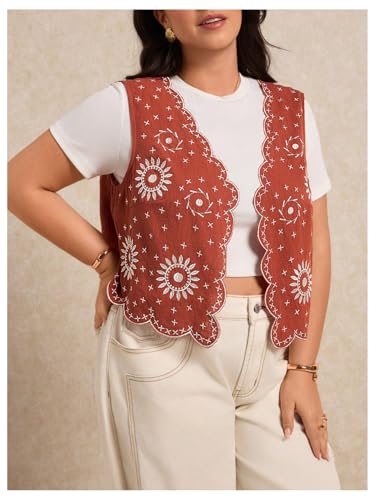 SweatyRocks Women's Plus Size Boho Embroidery Vest Vintage Scalloped Sleeveless Cardigan Waistcoat2