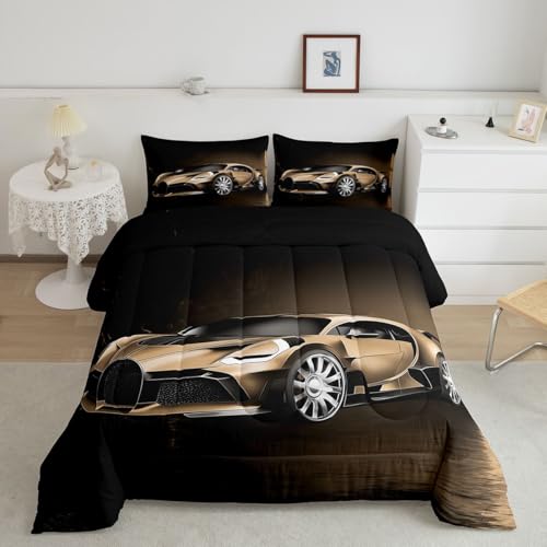 Feelyou Sports Car Comforter Brown Race Car Comforter Set for Kids Boys Girls Extreme Sports Theme Bedding Set Cool Speed Luxury Car Decor Quilt Set with 1 Pillowcase 2Pcs Bedding Twin