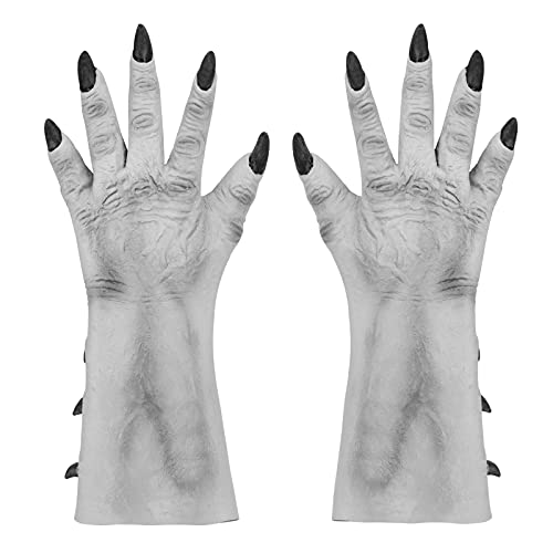 Horrible Halloween Gloves Vivid Ice Creature King Hand Claw Gloves with Black Nails & Horns Cosplay Scary Demon Evil Ghost Gloves Latex Costume Gloves for Carnival Party Horror Film Decoration Props
