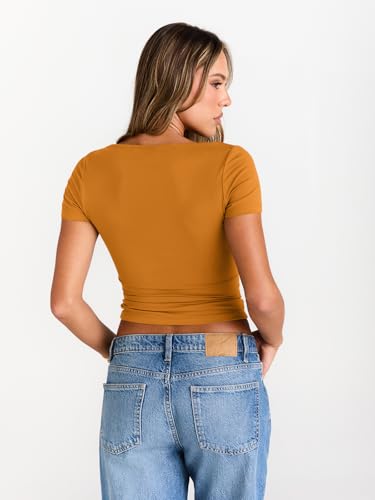 Image of Trendy Queen Womens Boat Neck Tops Short Sleeve Shirts | Compression Basic Tops,Y2K Aesthetic Slim Fit,Professional Business Casual, Polished Teacher Outfits