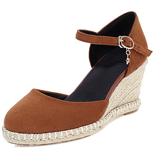 Lroey Reoly Alpargata para Mujer de Tacón Alto, Sandalias Punta Rojoonda Elegante Tacón de Cuña Zapatos de Vestir con Plataforma Hebilla Correa de Tobillo 168 Marrón Talla 34 EU