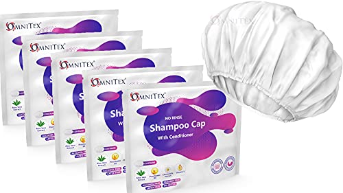 Omnitex Premium,Gorro de champú sin enjuague, apto para microondas, con acondicionador y vitaminas, nutre y protege con extractos de hierbas y crema de barrera, sin agua, sin látex, sin alcohol