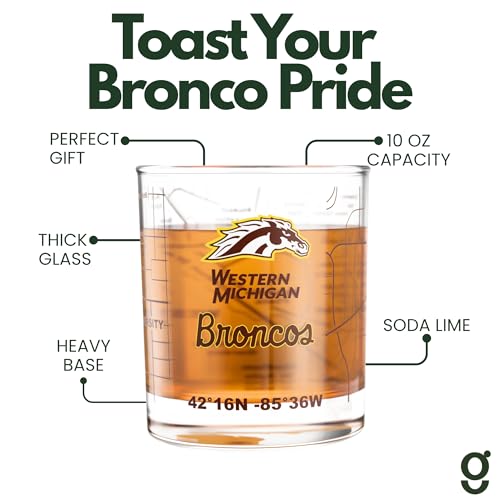 Image of Greenline Goods Western Michigan University Broncos Whiskey Glasses Set of 2, 10 oz Rocks Glasses with Full-Color Logo & Campus Map - Officially Licensed Bourbon Glass Gift for Alumni & Fans