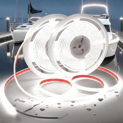 VOEWT COB LED Strip Lights Daylight White 6000K,12V 32.8ft IP67 Waterproof High CRI 95Ra+ Super Bright,Flexible Boat Lights for Fishing Night Outdoor Bathroom Swimming Pool(Power Supply Not Included)