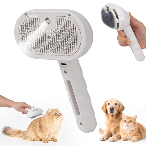 Pet Steam Brush - Three in One Dog Steam Grooming Brush Hair Removal Deshedding Magic Wand for Pet Hair Hairdressing Spray Massage Cat Grooming Comb White