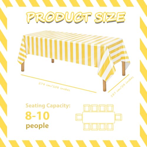OQOQ Yellow and White Striped Tablecloth (3 Pack) - 54x108 Inches Yellow Birthday Party Decoration Supplies Disposable Plastic Rectangular Table Cloth for Beach Party Circus Tablecloth Camping Party by OQOQ - Used condition - Image 2