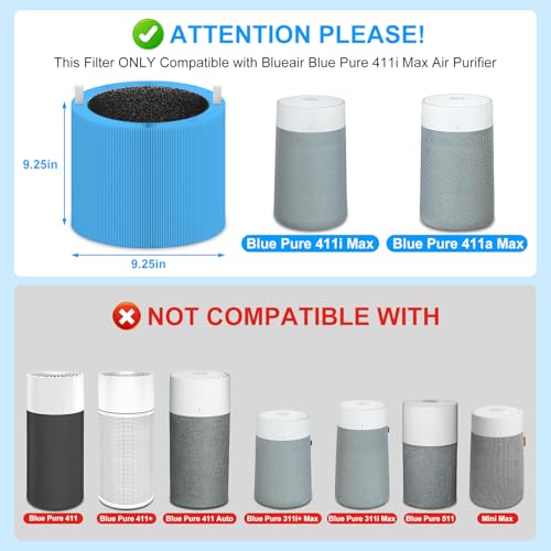 Image of 411i /411a Max Replacement Filter Compatible for Blueair Blue Pure(Not for 411 /411Auto&mini /411+), Powerful Particle Dust Dander Filter&Odor Smoke Activated Carbon Filter for Home, #F4MAX, Blue, 2 Pack