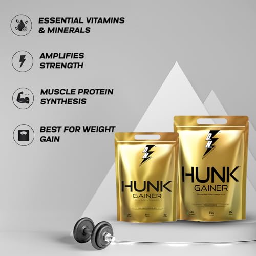 Image of Divine Nutrition HUNK GAINER | High-Calorie Mass Gainer with Protein, Carbs, and Vitamins for Muscle Growth | 1 KG (1 kg, Belgium Chocolate)