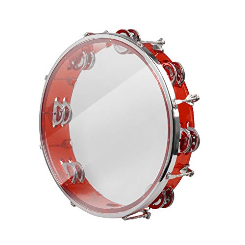ENNBOM Tambourine Adjustable Tone Hand Drum Double Row Metal Jingles Hand Bell Performance Level Handheld Percussion (Red)