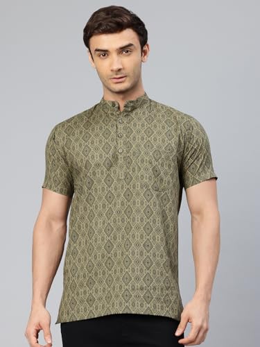 Image of Majestic Man Men Slim Fit Ethnic Motifs Cotton Printed Half Sleeve Short Kurta